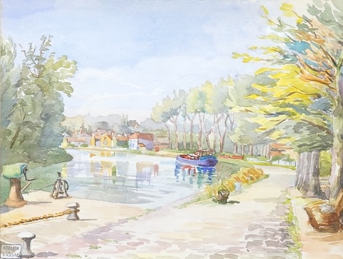 Jean Vassal (1902-1986), A canal scene, studio stamp lower left, watercolour, 18 x 24cm